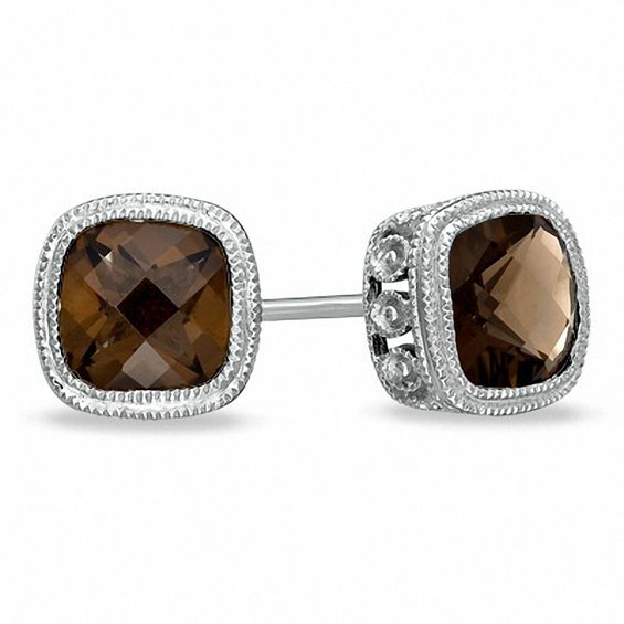 6 0mm Cushion Cut Smoky Quartz Earrings In Sterling Silver 6 0mm Cushion Cut Smoky Quartz Earrings In Sterling Silver