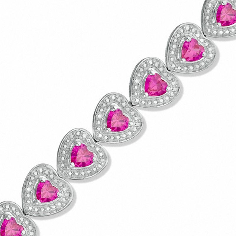 Main Image 1 of Heart-Shaped Lab-Created Ruby and Diamond Accent Bracelet in Sterling Silver - 7.25"