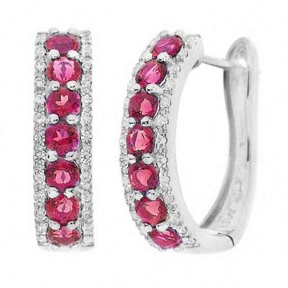 LabCreated Ruby and 1/6 CT. T.W. Diamond Hoop Earrings in Sterling