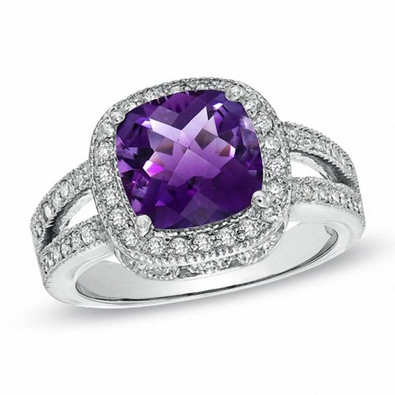 Cushion-Cut Amethyst and 1/2 CT. T.W. Diamond Frame Ring in 14K White Gold
