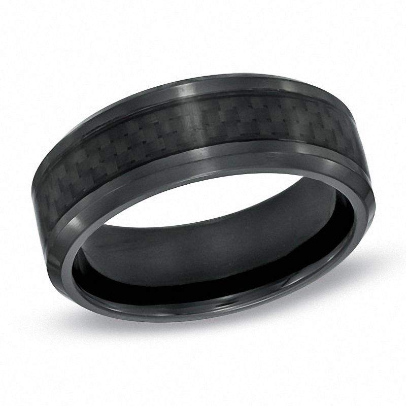 Men's 8.0mm Comfort Fit Carbon Fiber Inlay Black Titanium Wedding Band - Size 10
