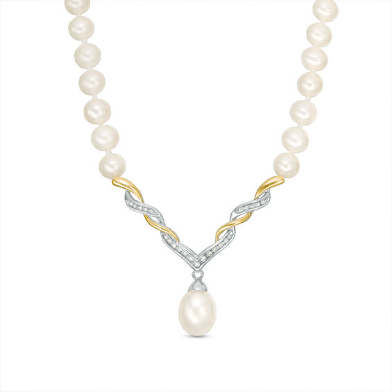 Image result for Cultured Freshwater Pearl and 1/10 CT. T.W. Diamond Necklace in Sterling Silver and 14K Gold - 17"