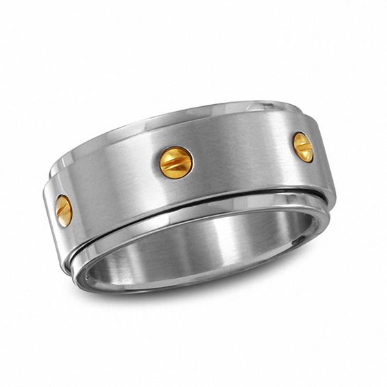Men's 10.0mm Stainless Steel Spinner Band with Yellow IP Screw Accents