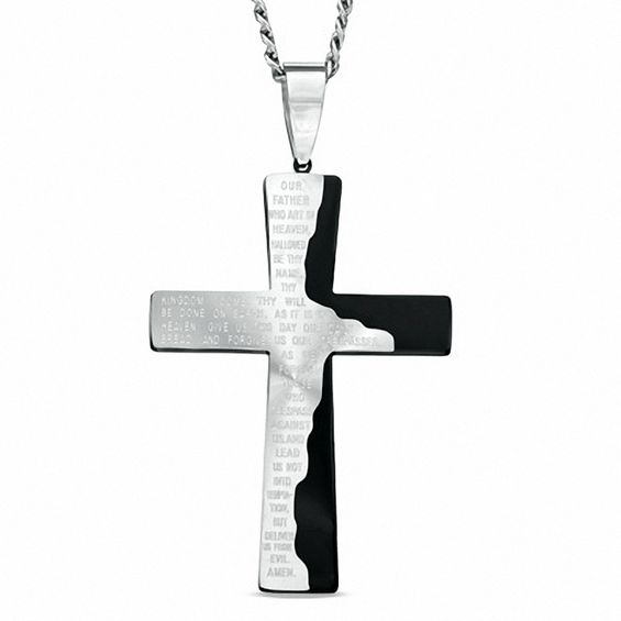 Mens Vintage Stainless Steel Black Cross Silver English Bible Lords Prayer Religious Link Wrist Bracelet Cross Middle, Black Silver, 7.9 inch