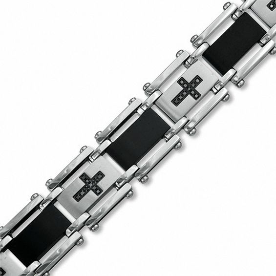 Men S 1 4 Ct T W Enhanced Black Diamond Cross Bracelet In Two Tone T W Enhanced Black Diamond Cross Bracelet In Two Tone
