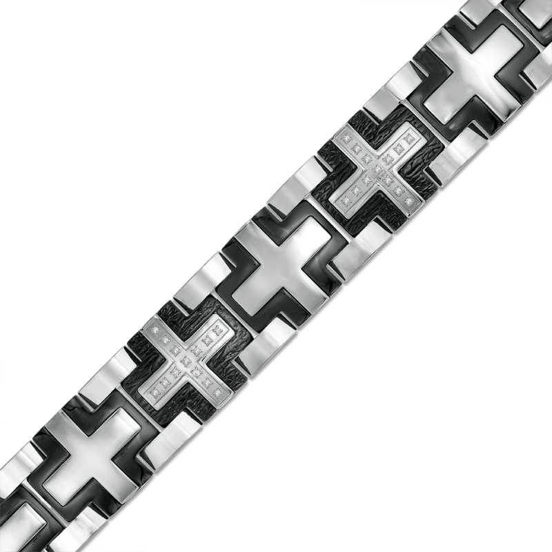Men's 1/5 CT. T.W. Diamond Cross Bracelet in Tri-Tone Stainless Steel - 8.25"