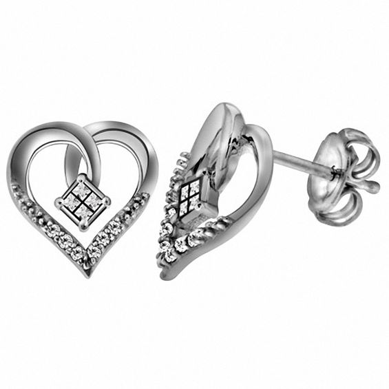 1 8 Ct T W Quad Princess Cut Diamond Heart Stud Earrings In T W Quad Princess Cut Diamond Heart Stud Earrings In Sterling