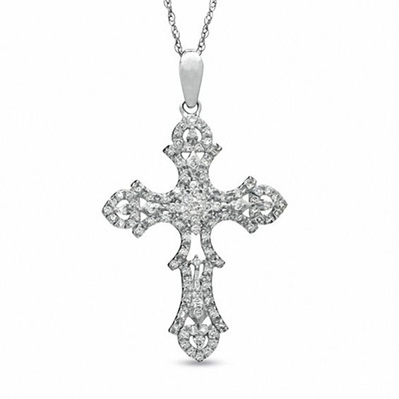 1 3 Ct T W Diamond Cross Pendant In 10k White Gold T W Diamond Cross Pendant In 10k White Gold
