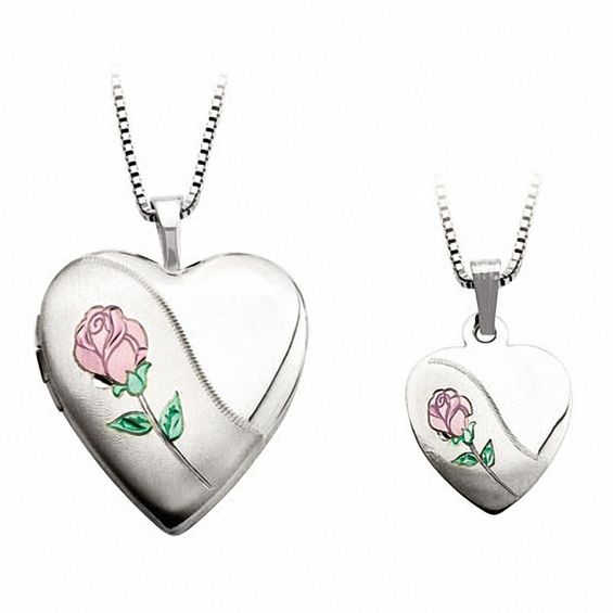 Mother and Daughter Matching Rose Heart Locket and Pendant Set in