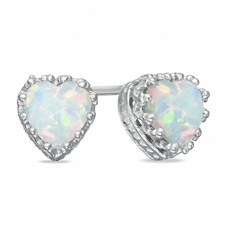 6.0mm Heart-Shaped Lab-Created Opal Crown Earrings in Sterling Silver