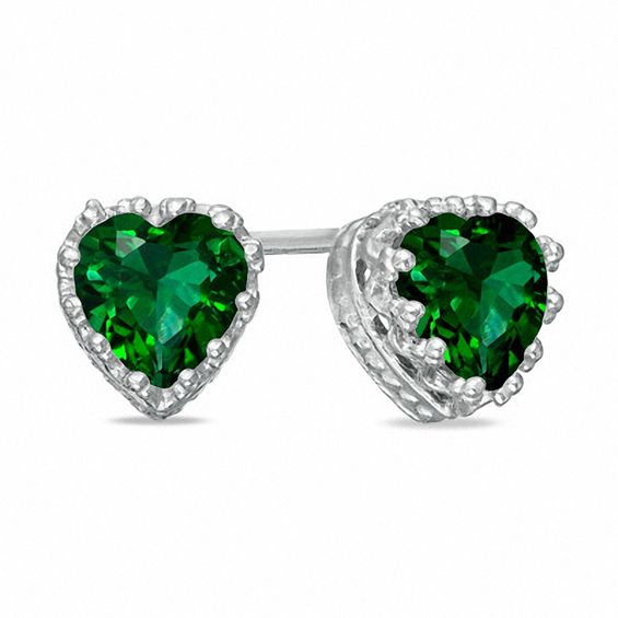 6 0mm Heart Shaped Lab Created Emerald Crown Earrings In Sterling 6 0mm Heart Shaped Lab Created Emerald Crown Earrings In Sterling Silver