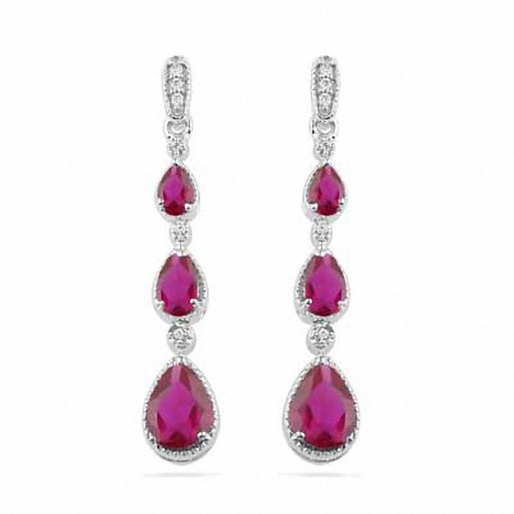 Pear Shaped Lab Created Ruby And Diamond Accent Drop Earrings In Pear Shaped Lab Created Ruby And Diamond Accent Drop Earrings In Sterling Silver