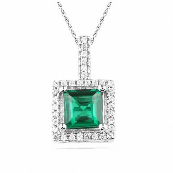 princess cut lab created emerald and 1 10 ct t w diamond pendant in