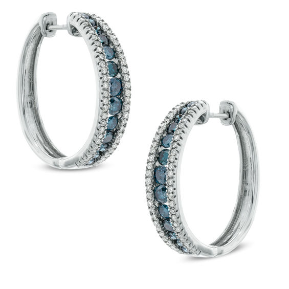1 Ct T W Enhanced Blue And White Diamond Hoop Earrings In 10k T W Enhanced Blue And White Diamond Hoop Earrings In 10k Gold