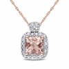 Thumbnail Image 0 of 5.0mm Cushion-Cut Morganite and 1/10 CT. T.W. Diamond Frame Pendant in 10K Rose Gold - 17"