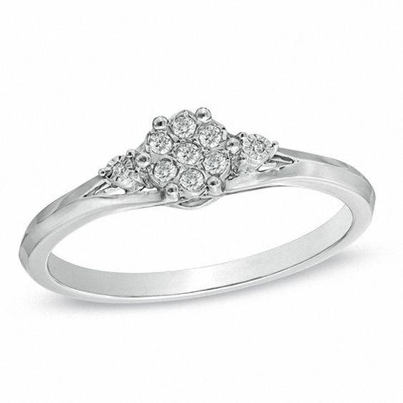 10k or 14k White Gold Fancy Cluster Round Cut Diamonds Promise Ring
