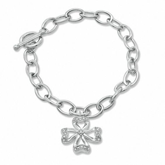 Diamond Accent Four Leaf Clover Charm Bracelet In Sterling Silver Diamond Accent Four Leaf Clover Charm Bracelet In Sterling Silver 7 5