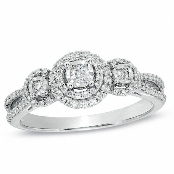 1/3 CT. T.W. Diamond Three Stone Split Shank Ring in 10K White Gold