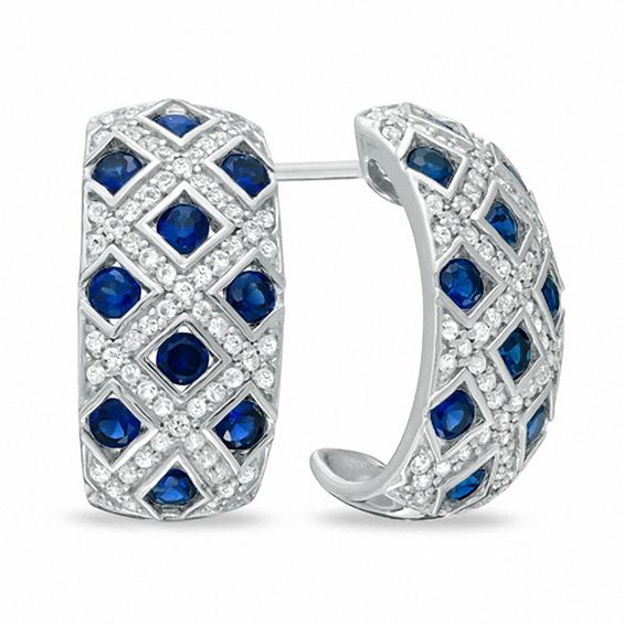 LabCreated Blue and White Sapphire Lattice JHoop Earrings in Sterling