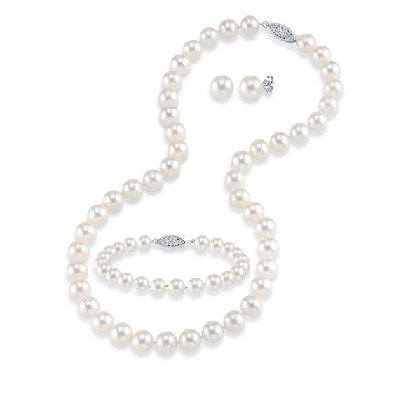 Regalia by Ulti Ramos Cultured Freshwater Pearl 7mm White & Crystal Sterling Silver .925 Jewelry Set