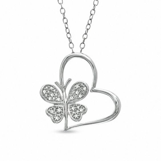 1/20 CT. T.W. Diamond Tilted Heart with Butterfly Pendant in Sterling Silver