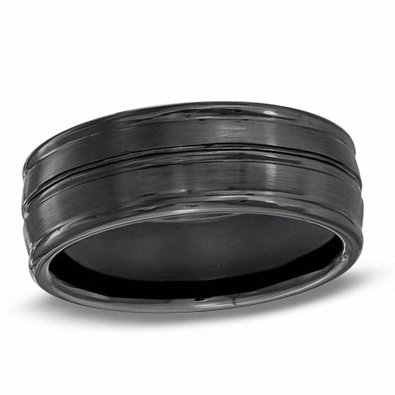 Men's 8.0mm Black Ceramic Diagonal Groove Wedding Band Wedding Bands
