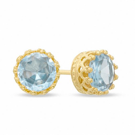 6.0mm LabCreated Aquamarine Crown Earrings in Sterling Silver with 14K