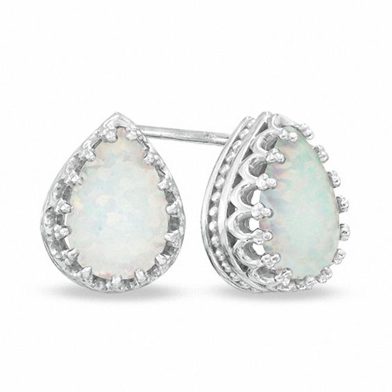 Pear Shaped Lab Created Opal Crown Earrings In Sterling Silver Pear Shaped Lab Created Opal Crown Earrings In Sterling Silver