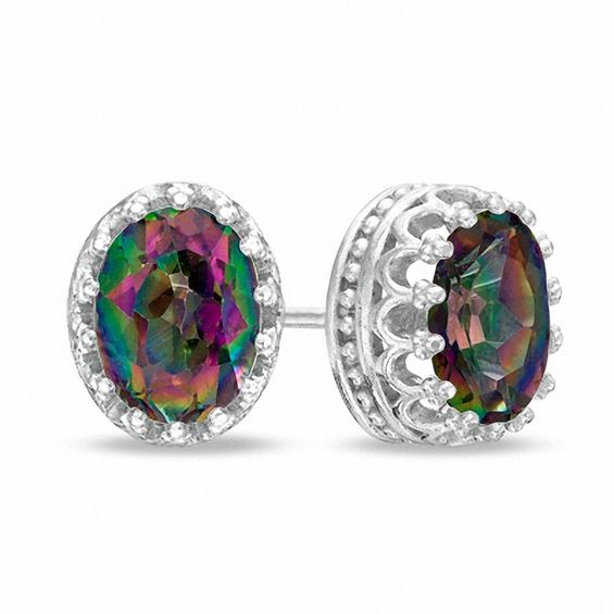 Oval Rainbow Quartz Crown Earrings In Sterling Silver Gemstone Oval Rainbow Quartz Crown Earrings In Sterling Silver