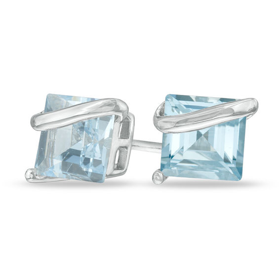 6 cttw Princess Cut Simulated Aquamarine Stud Earrings in 14k White Gold Over Sterling Silver