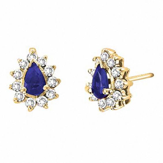 PearShaped Blue Sapphire and 1/4 CT. T.W. Diamond Earrings in 14K Gold