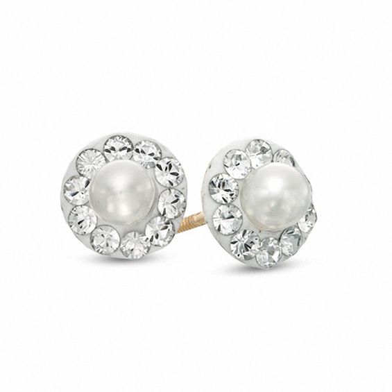 Child S 3 0mm Cultured Freshwater Pearl And Crystal Frame Stud Child S 3 0mm Cultured Freshwater Pearl And Crystal Frame Stud Earrings In 14k Gold