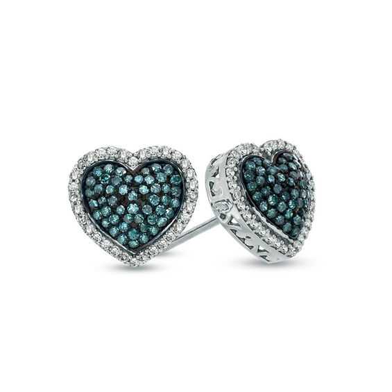 1 2 Ct T W Enhanced Blue And White Diamond Heart Stud Earrings In T W Enhanced Blue And White Diamond Heart Stud Earrings In Sterling