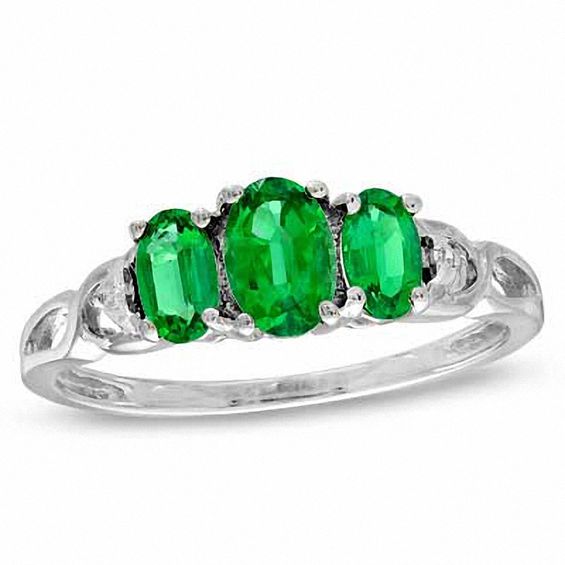 Oval LabCreated Emerald and Diamond Accent Three Stone Ring in 10K White Gold Oval Wedding