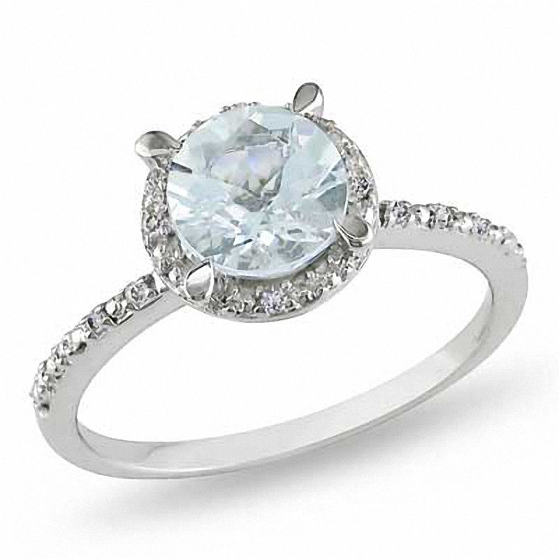 7.0mm Aquamarine and 1/20 CT. T.W. Diamond Promise Ring in Sterling Silver