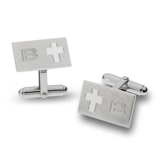 Men's Cross Rectangular Cuff Links in Sterling Silver (1 Initial