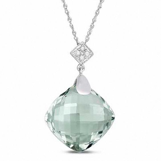 14.0mm Faceted Square Green Quartz and Diamond Accent Pendant in 14K