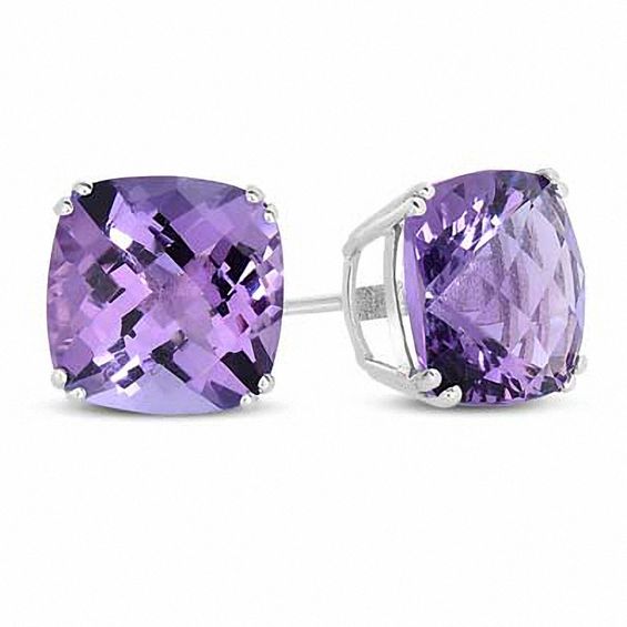 10.0mm CushionCut Amethyst Stud Earrings in 14K White Gold Amethyst