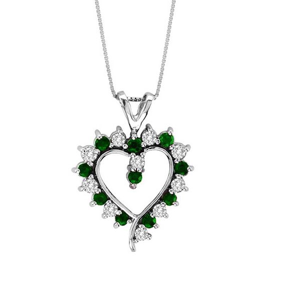 Emerald and 3/8 CT. T.W. Diamond Heart Pendant in 14K White Gold