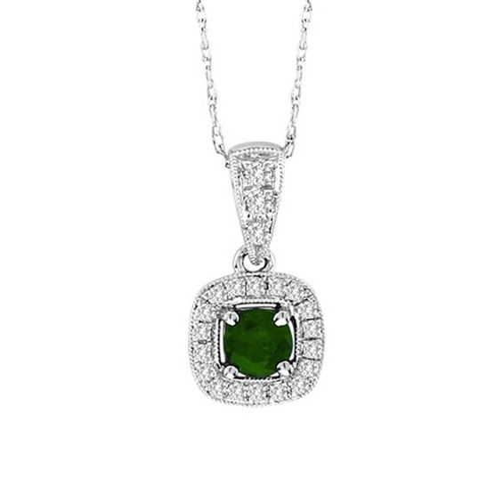 4.0mm Emerald and 1/10 CT. T.W. Diamond Frame Pendant in 14K White Gold