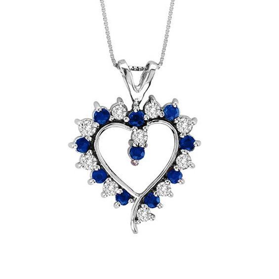 Blue Sapphire And 3 8 Ct T W Diamond Heart Pendant In 14k White Blue Sapphire And 3 8 Ct T W Diamond Heart Pendant In 14k White Gold