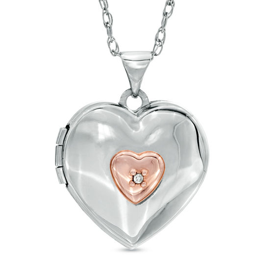 Diamond Accent HeartShaped Locket in Sterling Silver and 14K Rose Gold