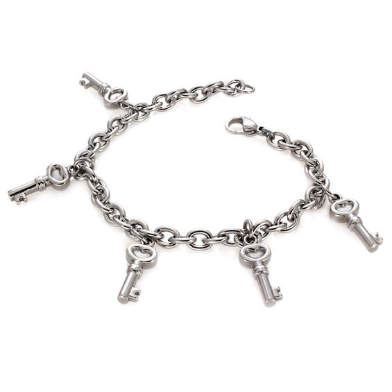 Five Heart Key Charm Bracelet In Stainless Steel 7 5 Five Heart Key Charm Bracelet In Stainless Steel 7 5
