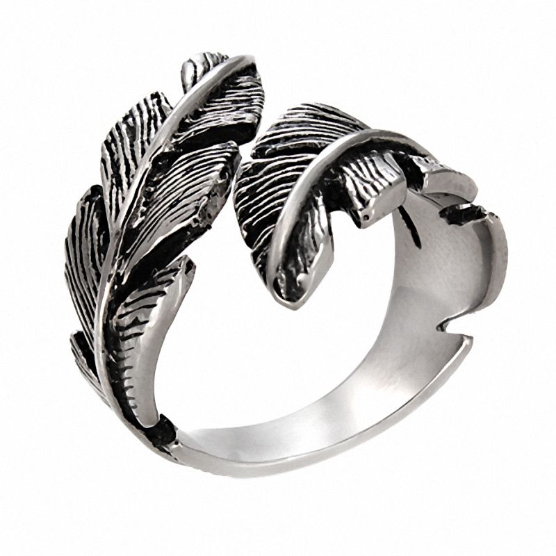 Oxidized Feather Bypass Ring in Stainless Steel