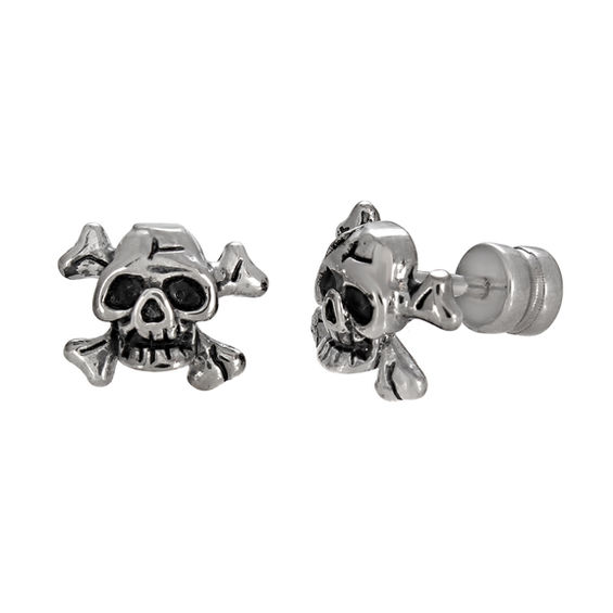 FAMA Stainless Steel Pirate Skull Crossbones Circle Stud Earrings 