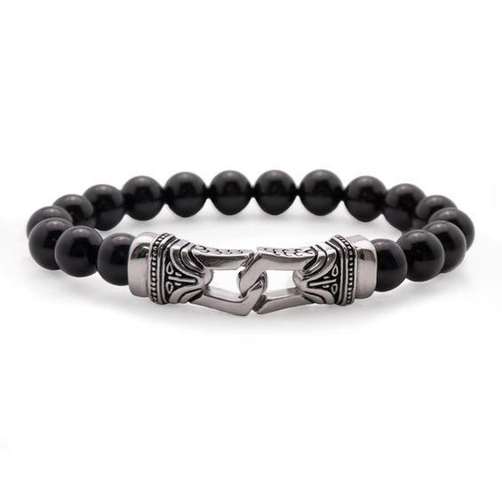 Men's 10.mm Black Agate Bead Stretch Bracelet in Stainless Steel 8.5