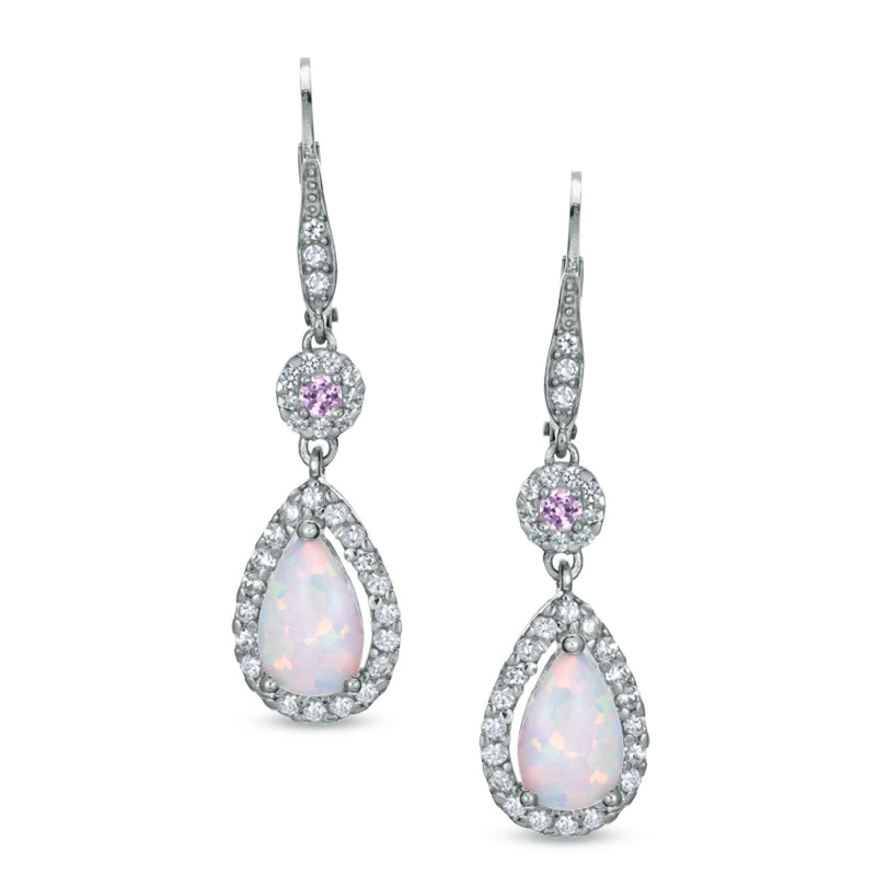 Pear-Shaped Lab-Created Opal and Pink and White Sapphire Drop Earrings in Sterling Silver
