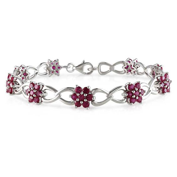 LabCreated Ruby Flower Link Bracelet in Sterling Silver 7.5" 40th