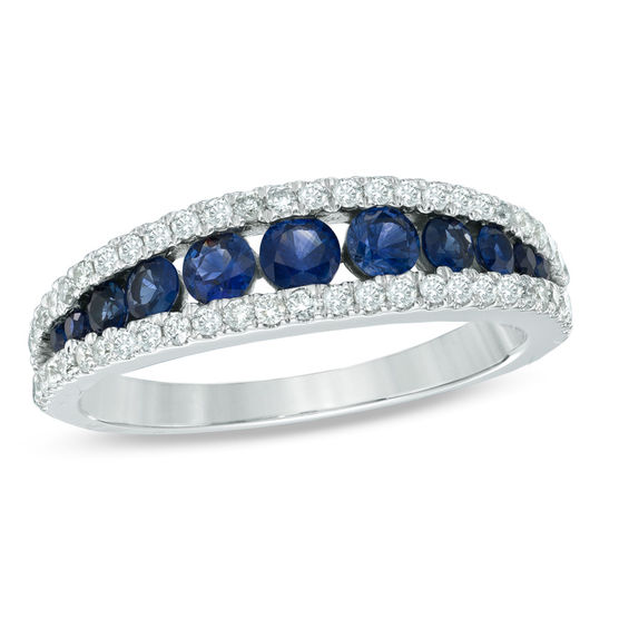 Blue Sapphire and 1/3 CT. T.W. Diamond Ring in 14K White Gold Online Exclusives Collections
