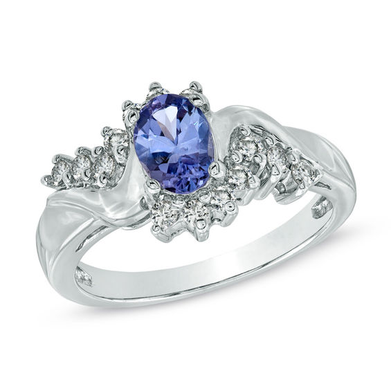 Oval Tanzanite and 1/4 CT. T.W. Diamond Ring in 14K White Gold Online